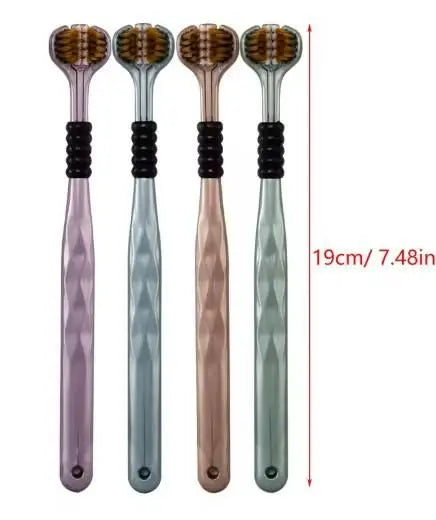 Multi-angle toothbrush pack featuring four colorful ergonomic handles for effective cleaning