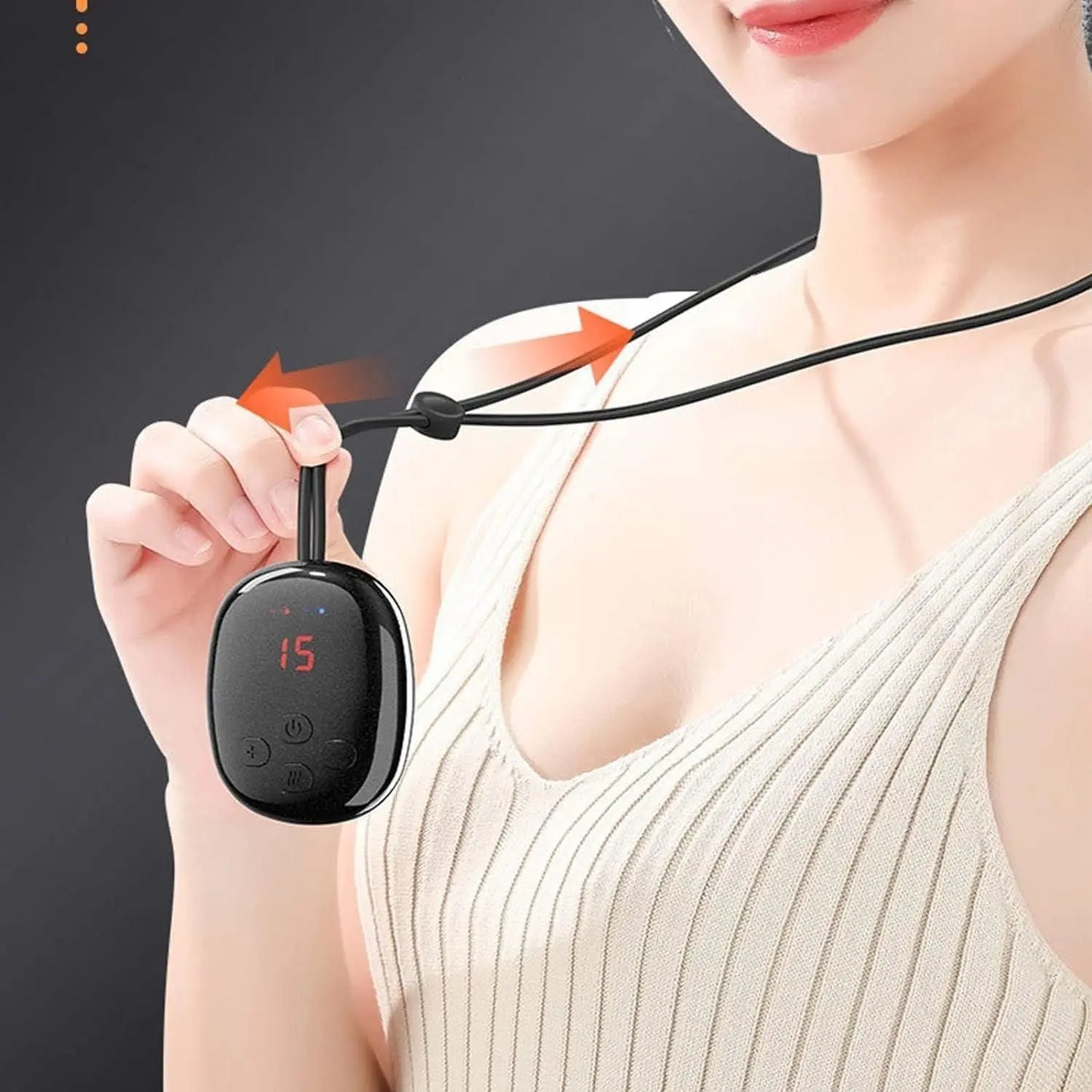 Woman holding a portable neck massager with a digital display for relaxation and comfort