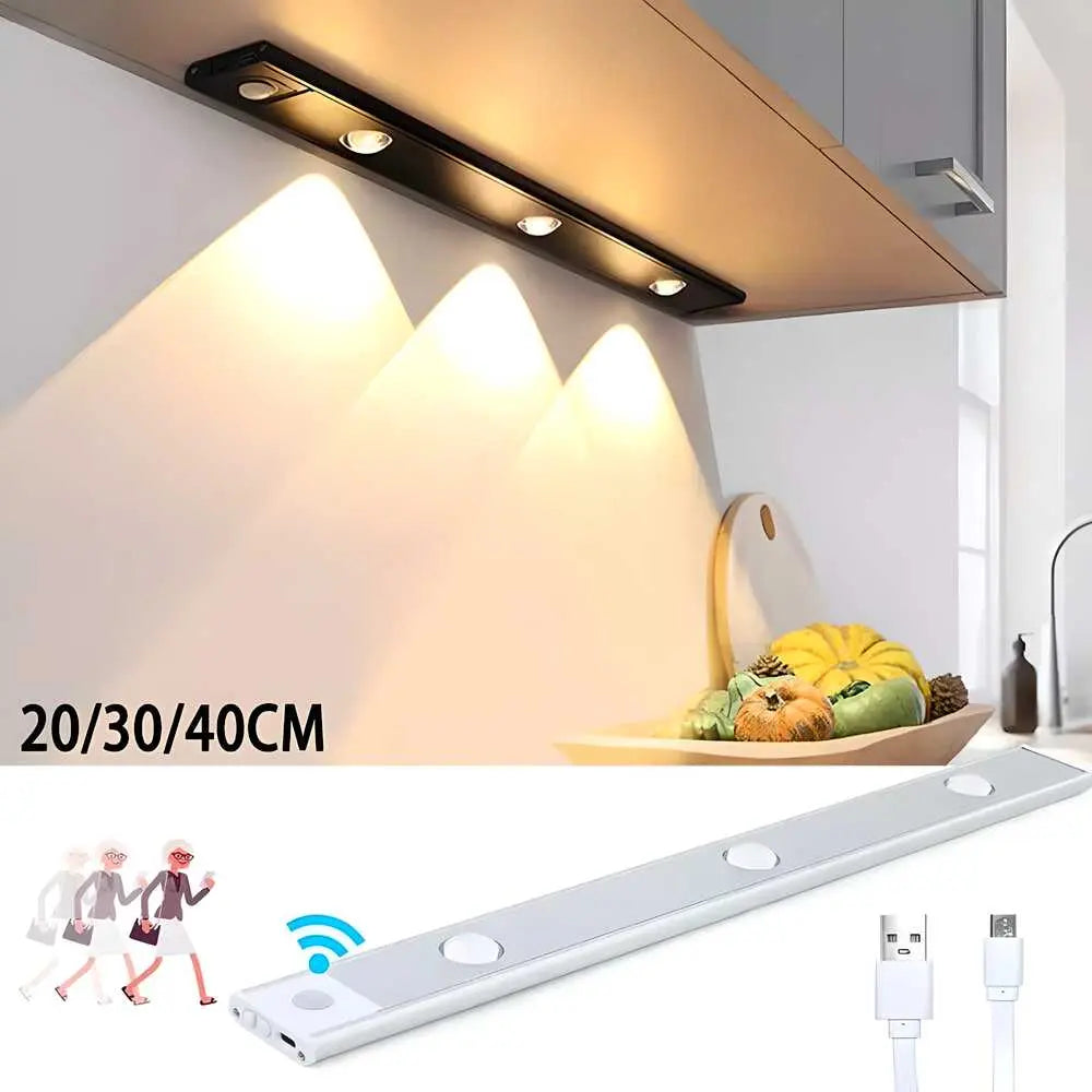 LED motion sensor cabinet light in sleek black design, ideal for illuminating kitchen spaces