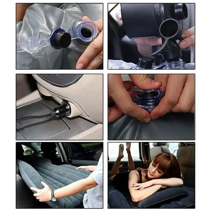 Collage showing how to set up a portable car air mattress for comfort during road trips