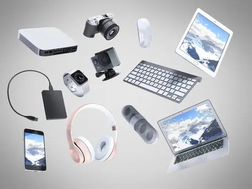 Collection of latest electronic trends including gadgets like cameras, tablets, and headphones