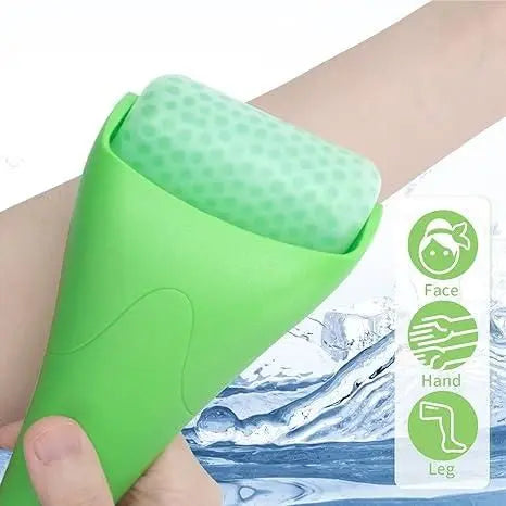 Green ice roller tool designed to reduce puffiness, suitable for face, hand, and leg use