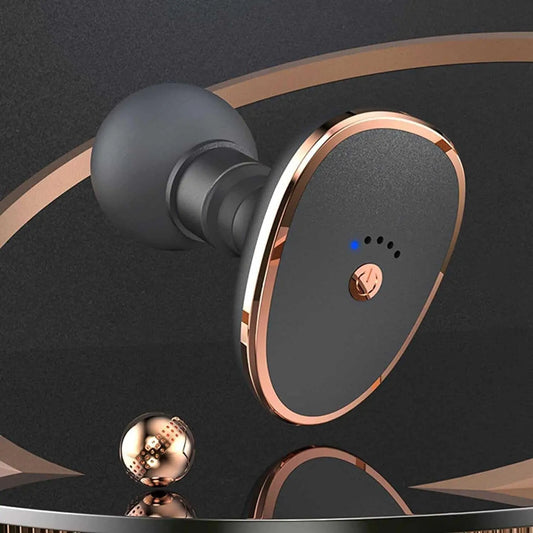 Mini portable body massager in sleek design with a glowing indicator for relaxation on the go
