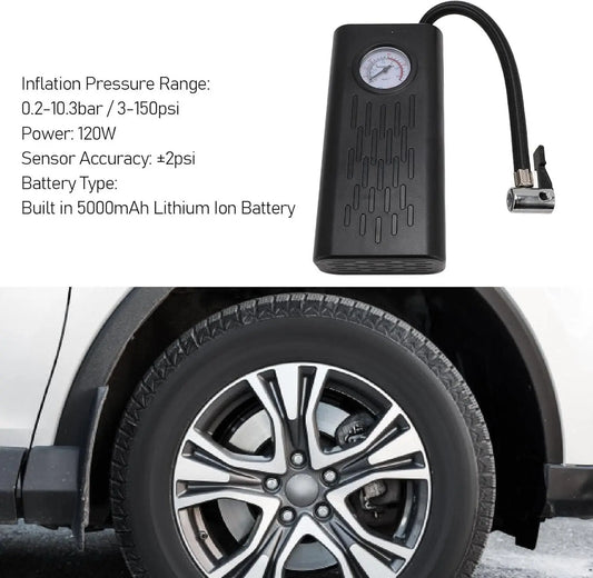 Portable air compressor featuring a built-in 5000mAh battery and an easy-to-read pressure gauge