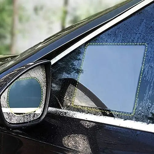 Rainproof mirror protector pack applied to a car mirror preventing water buildup for enhanced visibility