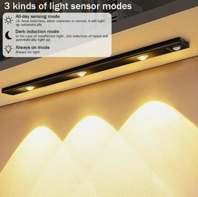 LED motion sensor cabinet light with three sensing modes for automatic illumination in dark spaces