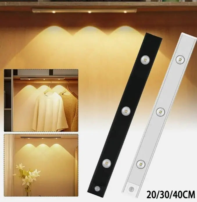 LED motion sensor cabinet light available in black and white, perfect for illuminating closets and shelves