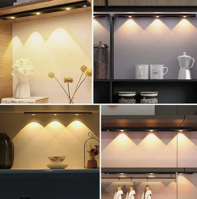 LED motion sensor cabinet light providing bright illumination for shelves and cabinets in various settings