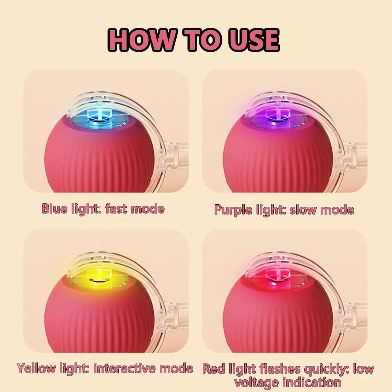 Interactive cat ball toy with light modes including fast, slow, and low voltage indicators