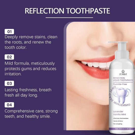 ZORBA liquid toothpaste in Lavender Vanilla Mint for deep cleaning, gum protection, and fresh breath