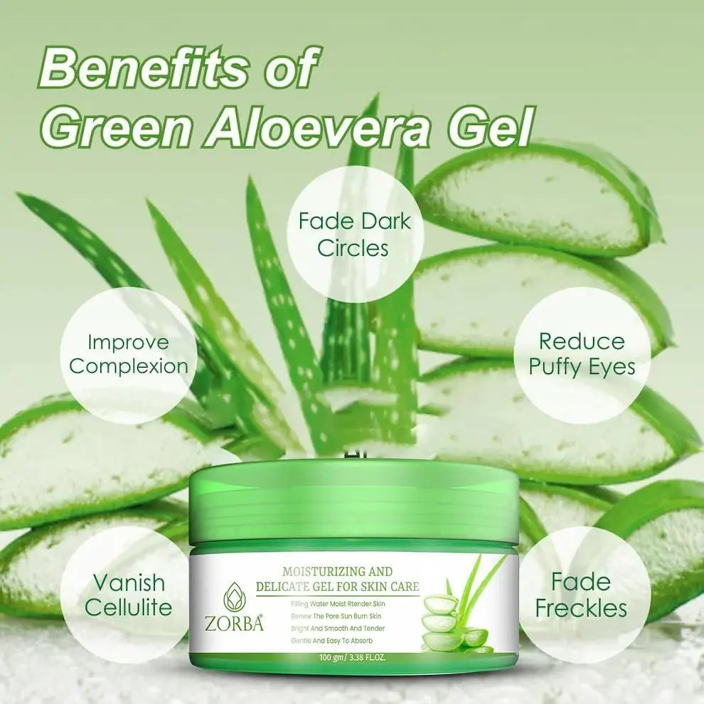 Zorba Green Aloe Vera Gel in a jar, promoting delicate skin care gel benefits like fading dark circles and improving complexion
