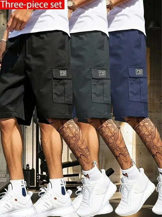 Three-piece set of Men's casual cargo shorts in black, dark green, and navy blue for stylish summer wear