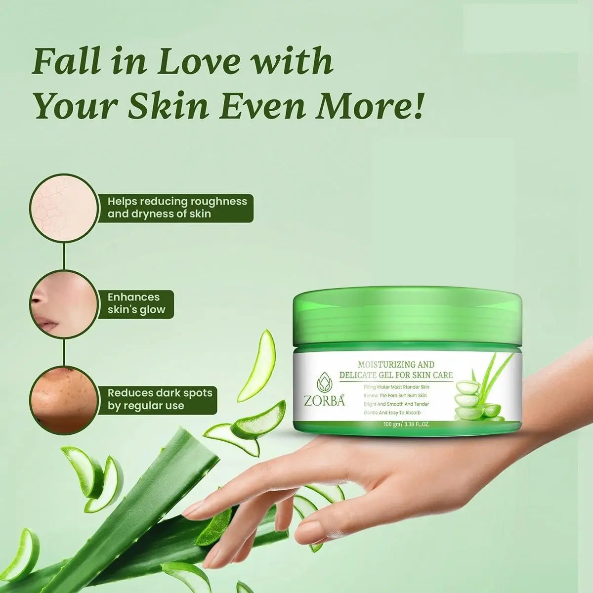 Zorba moisturizing and delicate skin care gel in green container for improving skin texture and glow