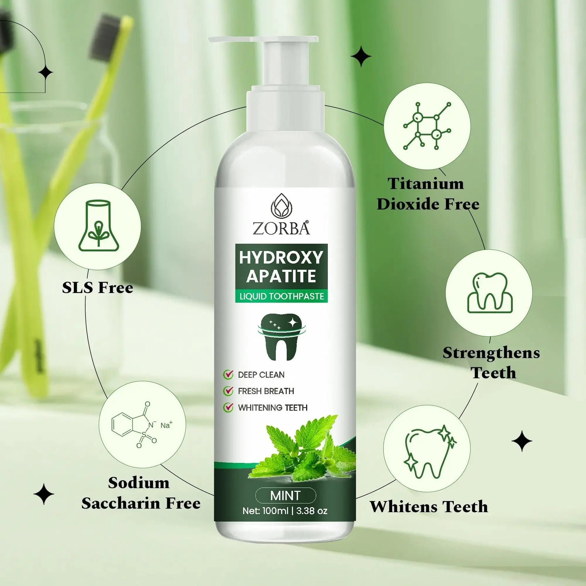 Zorba Hydroxy Apatite Liquid Toothpaste Pack of 2 in Mint Flavor for Deep Cleaning and Fresh Breath
