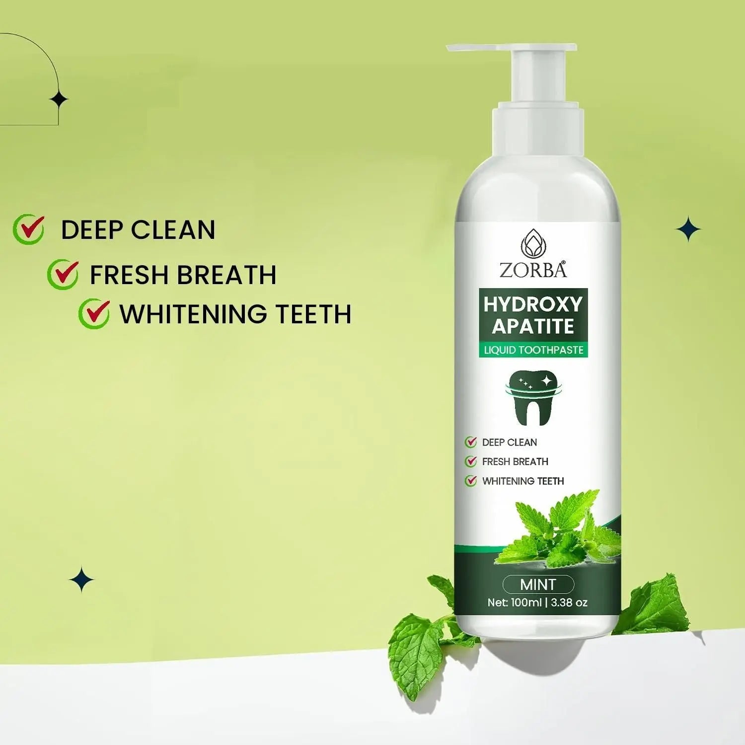Zorba Hydroxy Apatite Mint Liquid Toothpaste Pack of 2 for Deep Clean, Fresh Breath and Whitening Teeth