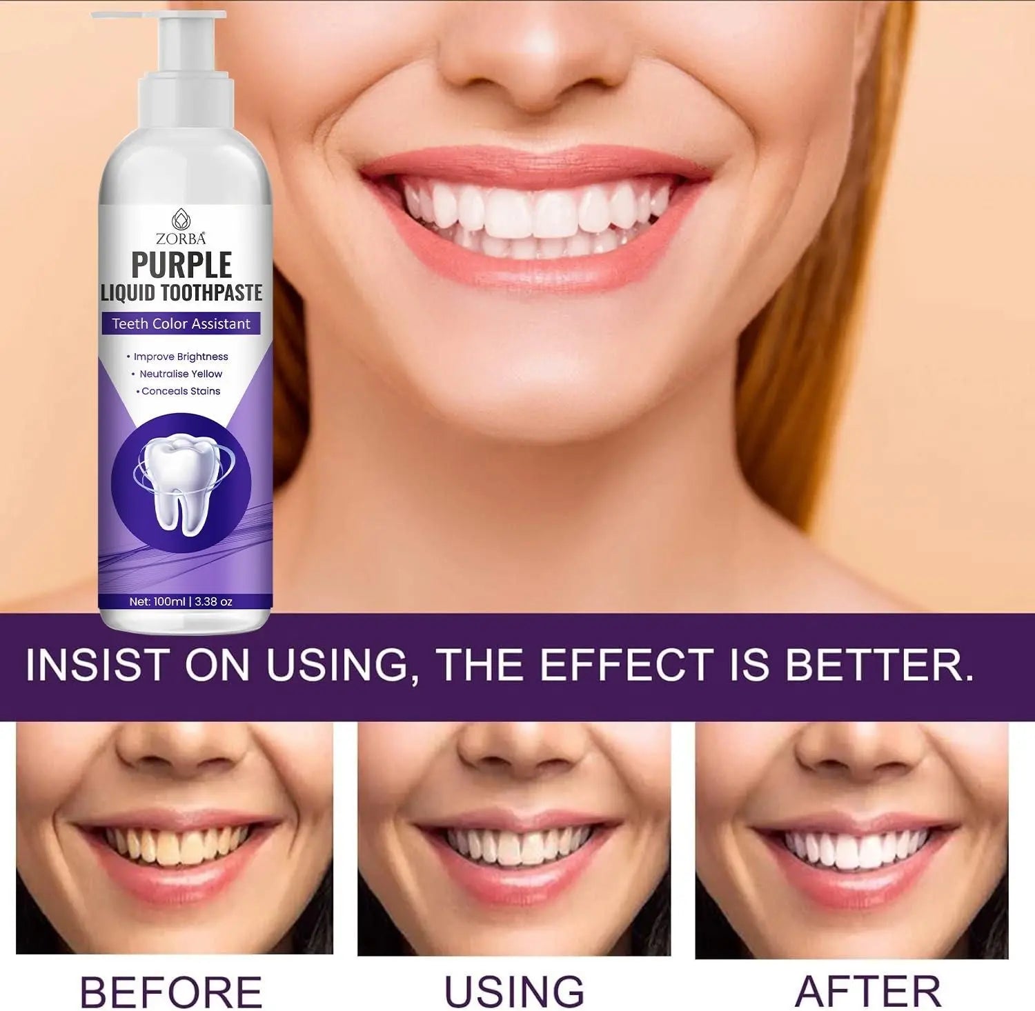 Zorra Purple Liquid Toothpaste for tooth color correcting toothpaste, promoting brighter smiles before and after use