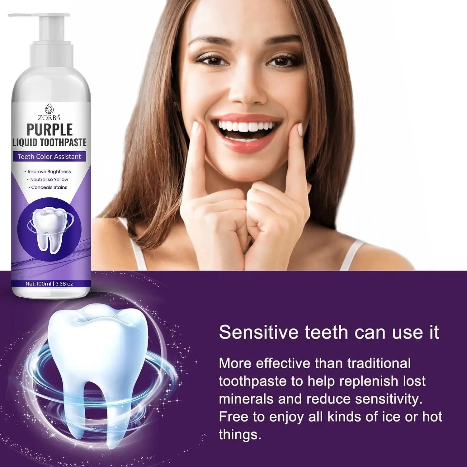 Zorel Purple Liquid Toothpaste for tooth color correcting toothpaste with sensitivity relief benefits